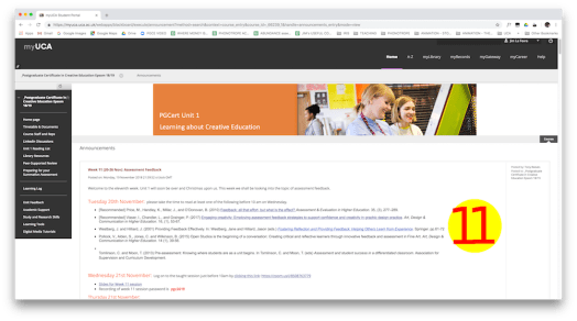 fig vi - Screenshot of MyUCA Website - this view is the course's home page