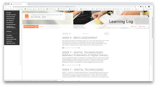 fig vii - Screenshot of MyUCA Website - this view is a students' Learning Log